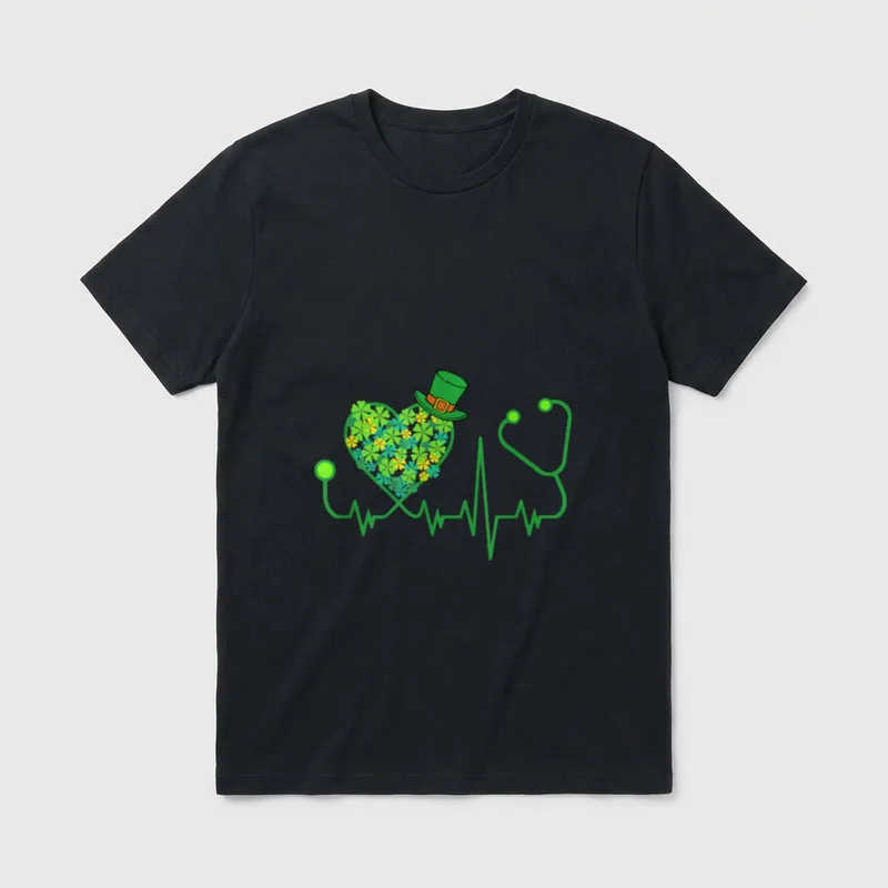 Irish Nurse St Day T-Shirt – Stethoscope pulse line with shamrock heart and leprechaun hat – Classic T-Shirt in Black