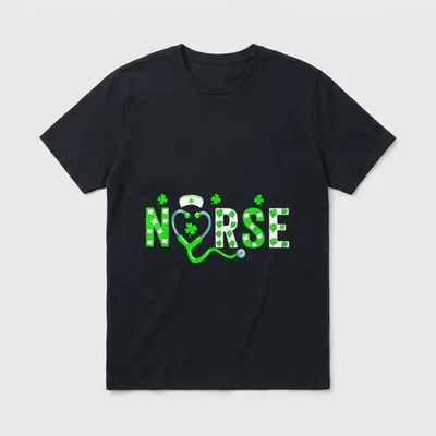 Nurse St Day Girlfriend T-Shirt – The word NURSE formed with clovers and a stethoscope – Classic T-Shirt in Black