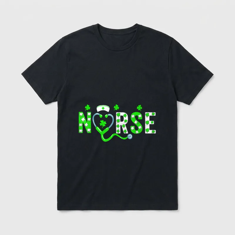 Nurse St Day Girlfriend T-Shirt – The word NURSE formed with clovers and a stethoscope – Classic T-Shirt in Black