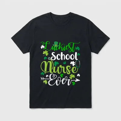 Luckiest School Nurse Ever St Patrickes T-Shirt – Luckiest School Nurse Ever print with shamrocks – Classic T-Shirt in Black