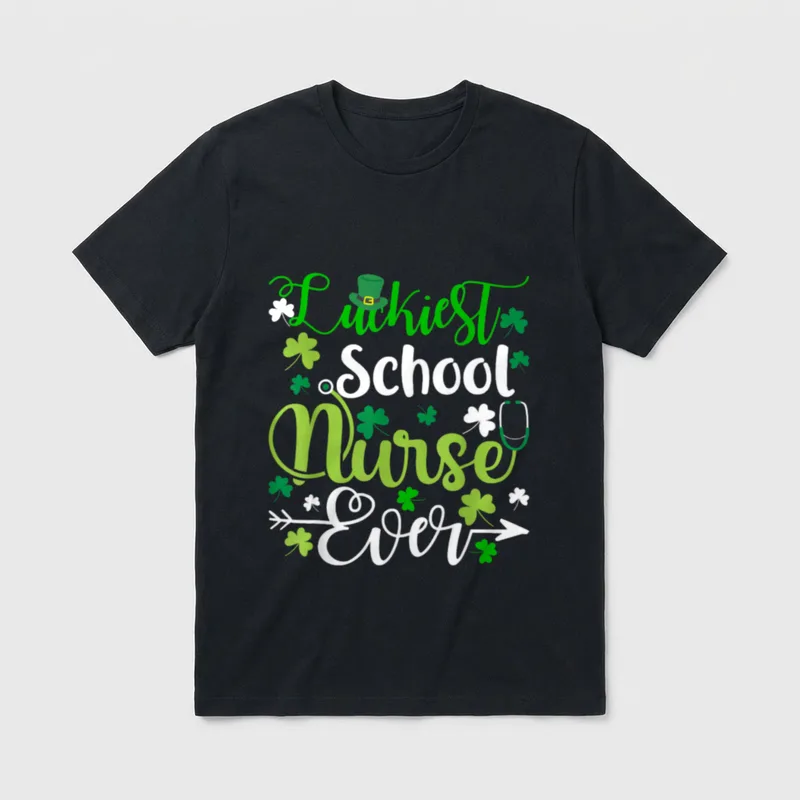 Luckiest School Nurse Ever St Patrickes T-Shirt – Luckiest School Nurse Ever print with shamrocks – Classic T-Shirt in Black