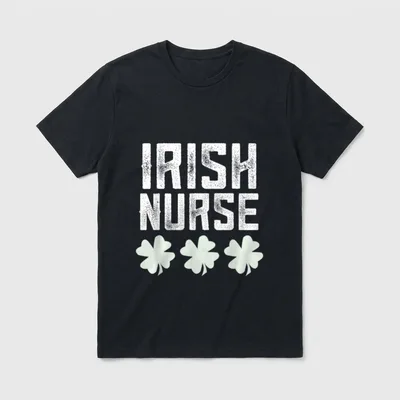 Funny Irish Nurse T-Shirt – Distressed IRISH NURSE text with three four-leaf clovers – Classic T-Shirt in Black