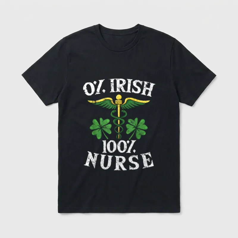 St Day Nurse Cute Irish Nursing T-Shirt – 0% IRISH 100% NURSE with caduceus and clovers – Classic T-Shirt in Black