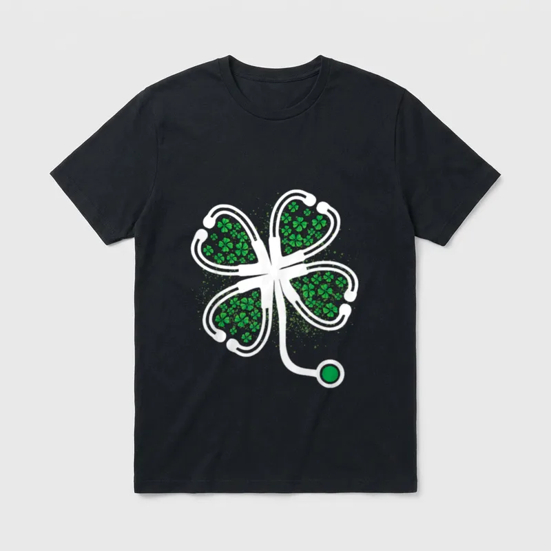 Shamrock Stethoscope Nurse St Day Lucky T-Shirt – Clover stethoscope with tiny green shamrocks – Classic T-Shirt in Black