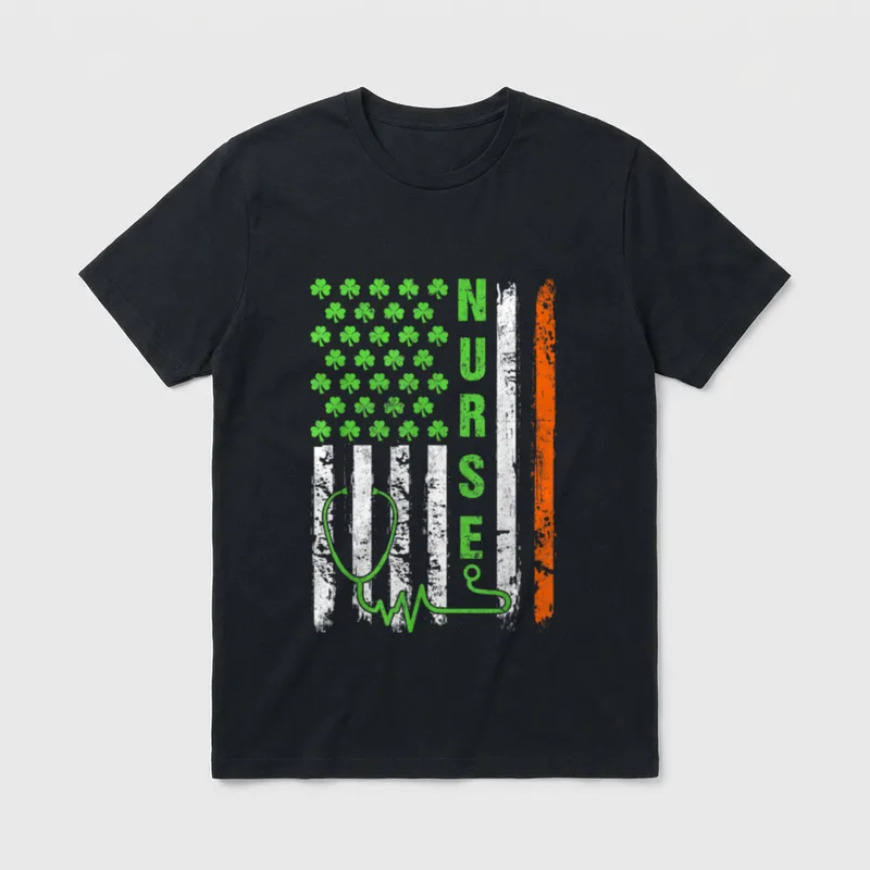 American Flag Nurse Irish Shamrock Nursing T-Shirt – Classic T-Shirt in Black