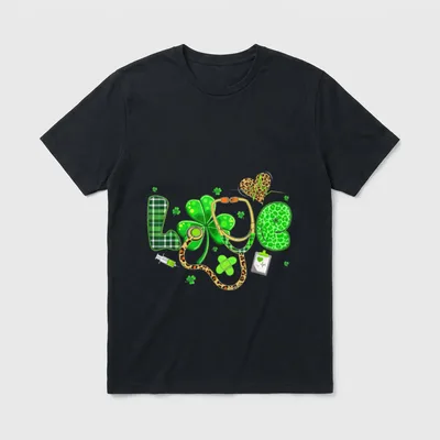 LOVE Nurse Leopard Stethoscope Shamrock St T-Shirt – Classic T-Shirt in Black