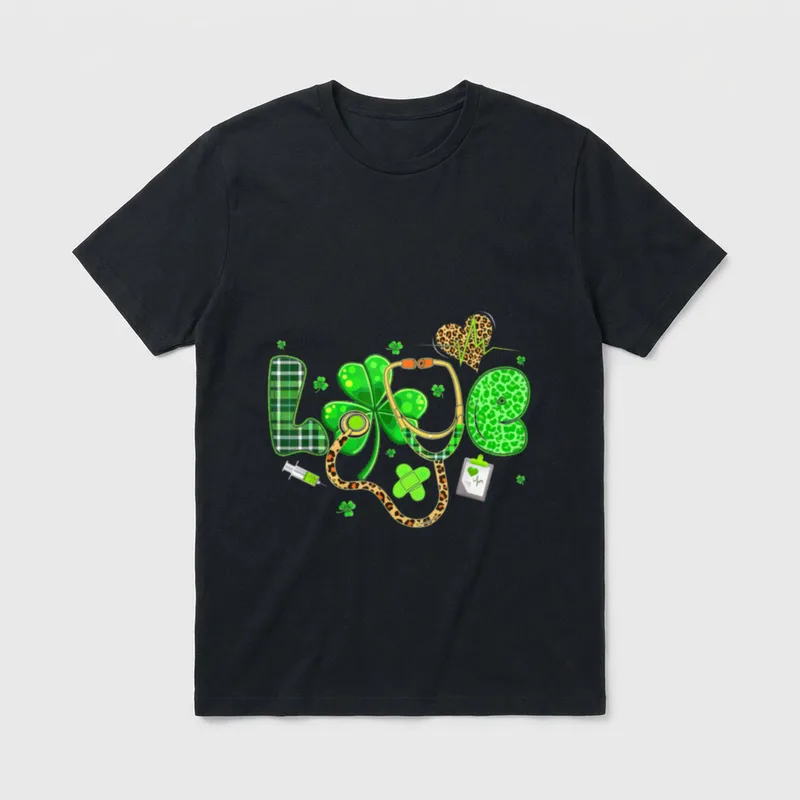 LOVE Nurse Leopard Stethoscope Shamrock St T-Shirt – Classic T-Shirt in Black