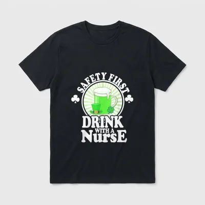 Safety First Nurse T-Shirt – Green beer mug, shamrocks, and SAFETY FIRST DRINK WITH A NURSE – Classic T-Shirt in Black