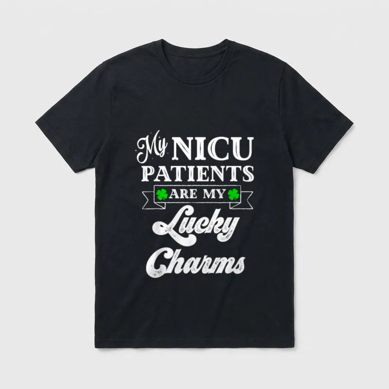 NICU Nurse St Day T-Shirt – “My NICU PATIENTS ARE MY Lucky Charms” with green clovers – Classic T-Shirt in Black
