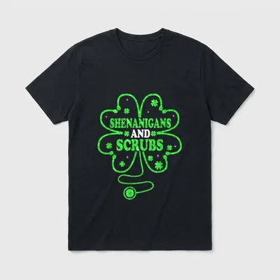 Shenanigans Scrubs Nurse Green Shamrock Saint T-Shirt – Classic T-Shirt in Black