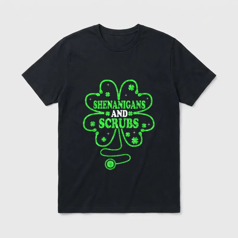 Shenanigans Scrubs Nurse Green Shamrock Saint T-Shirt – Classic T-Shirt in Black