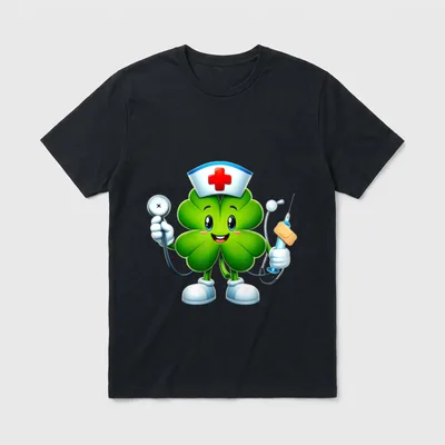 St Day Shamrock Nurse Saint Perfect T-Shirt – Cartoon clover nurse with stethoscope and syringe – Classic T-Shirt in Black