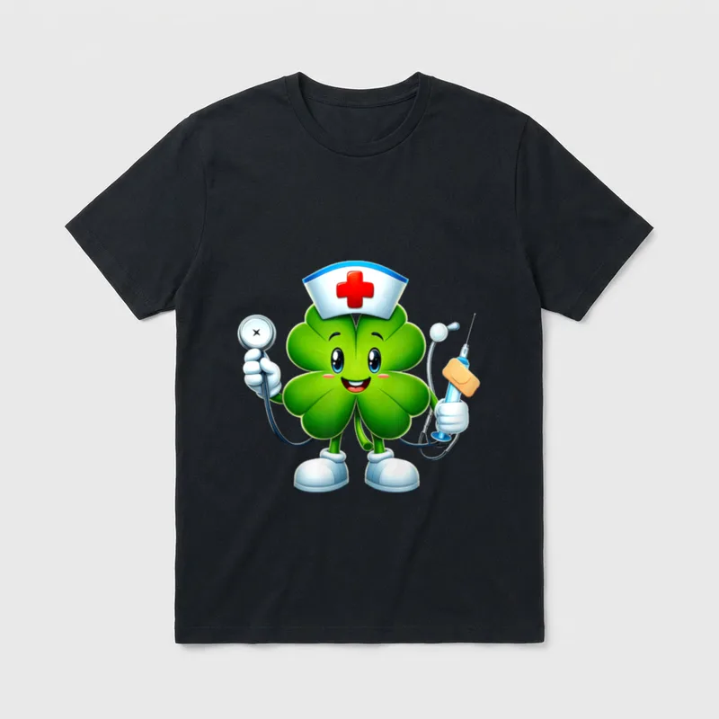 St Day Shamrock Nurse Saint Perfect T-Shirt – Cartoon clover nurse with stethoscope and syringe – Classic T-Shirt in Black