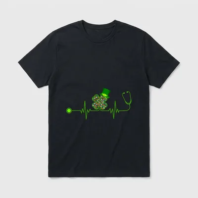Nurse Stethoscope Heartbeat Shamrock Lucky St T-Shirt – Classic T-Shirt in Black