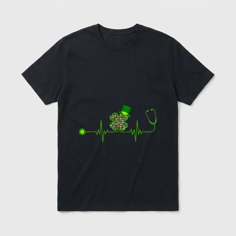 Nurse Stethoscope Heartbeat Shamrock Lucky St T-Shirt – Classic T-Shirt in Black