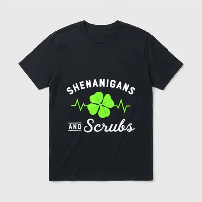 Nurse St Day Shenanigans and Shamrock T-Shirt – Shenanigans and Scrubs clover with heartbeat line – Classic T-Shirt in Black