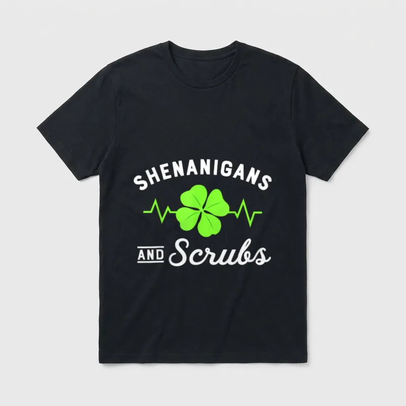 Nurse St Day Shenanigans and Shamrock T-Shirt – Shenanigans and Scrubs clover with heartbeat line – Classic T-Shirt in Black