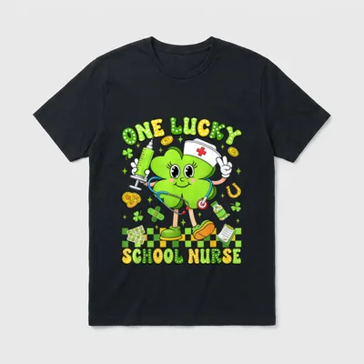 One Lucky School Nurse St Day T-Shirt – Cartoon clover nurse with text ONE LUCKY SCHOOL NURSE – Classic T-Shirt in Black