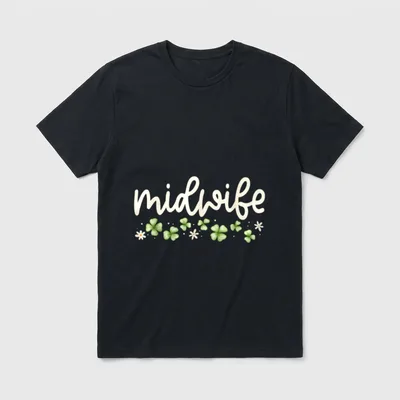 Midwife Nurse Nurse St Day L T-Shirt – midwife in cursive script above green clovers and daisies – Classic T-Shirt in Black