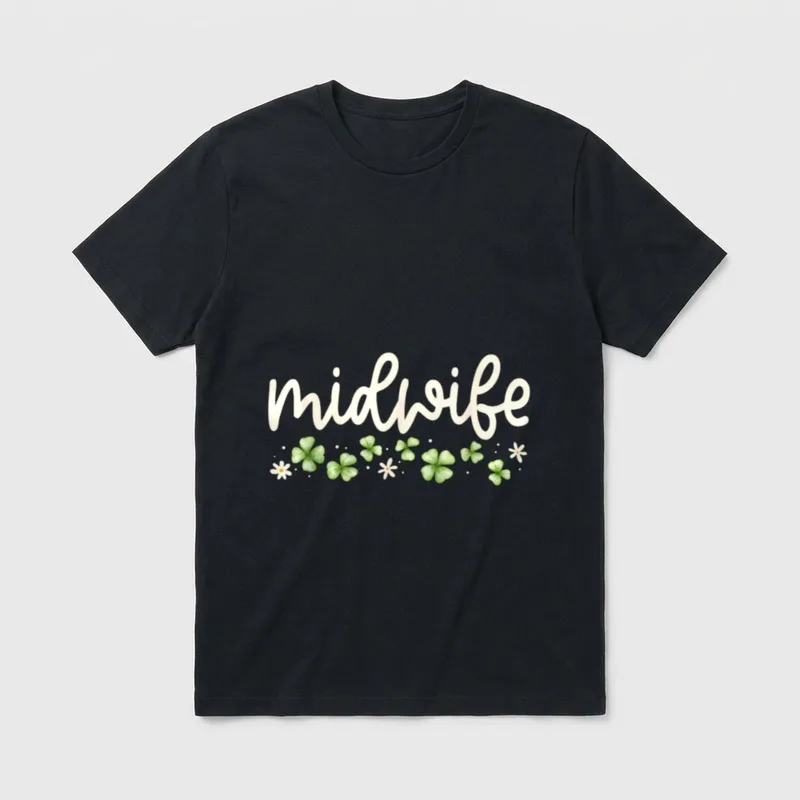 Midwife Nurse Nurse St Day L T-Shirt – midwife in cursive script above green clovers and daisies – Classic T-Shirt in Black