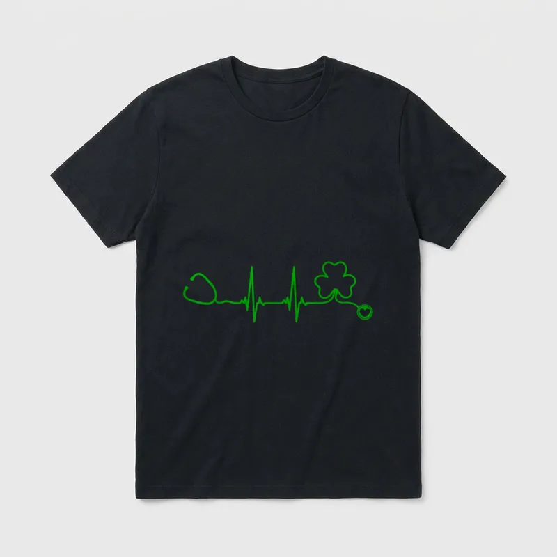 Shamrock Stethoscope St Day Nurse T-Shirt – Green heartbeat line forming a shamrock stethoscope – Classic T-Shirt in Black