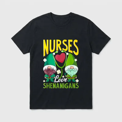 Nurses Love Shenanigans T-Shirt – Two holiday gnomes with a heart stethoscope and shamrocks – Classic T-Shirt in Black