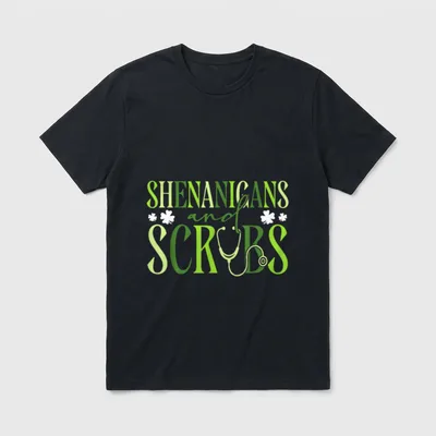 Scrubs St Patrick’s Day Nurse T-Shirt – Shenanigans and Scrubs with shamrocks and stethoscope – Classic T-Shirt in Black