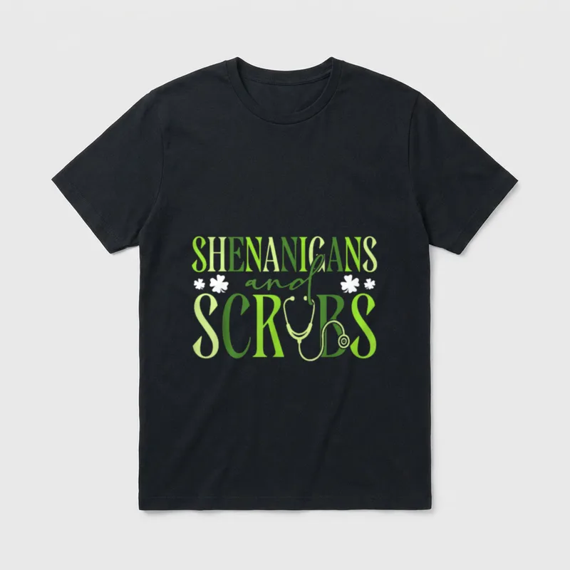 Scrubs St Patrick’s Day Nurse T-Shirt – Shenanigans and Scrubs with shamrocks and stethoscope – Classic T-Shirt in Black