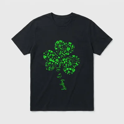 Lucky Nurse Shamrock T-Shirt – Green clover filled with medical icons and script Lucky Er Nurse – Classic T-Shirt in Black