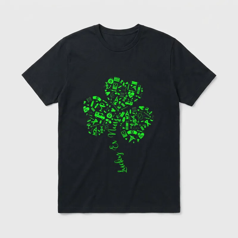 Lucky Nurse Shamrock T-Shirt – Green clover filled with medical icons and script Lucky Er Nurse – Classic T-Shirt in Black