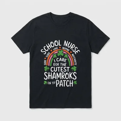 School Nurse St Day I Care T-Shirt – Rainbow arch with green shamrocks and school nurse words – Classic T-Shirt in Black