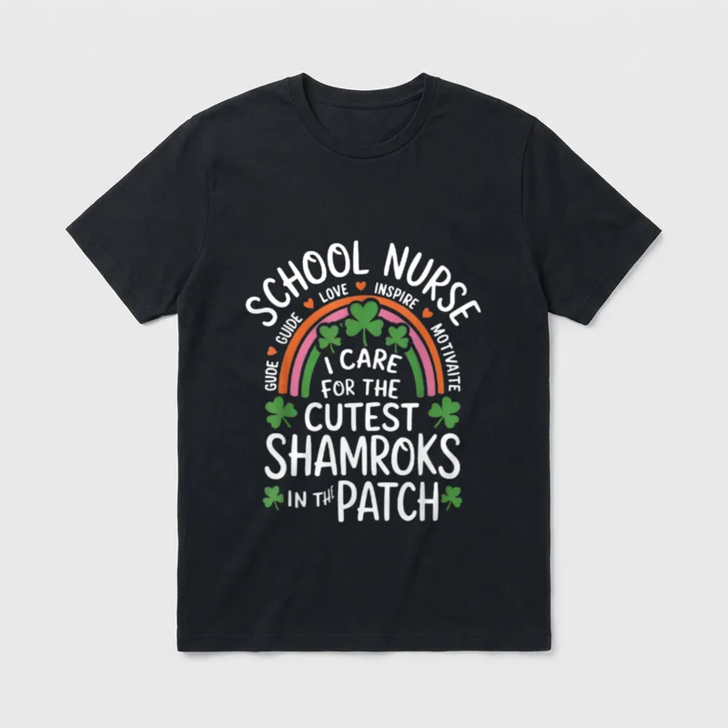 School Nurse St Day I Care T-Shirt – Rainbow arch with green shamrocks and school nurse words – Classic T-Shirt in Black