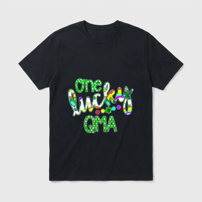 One Lucky QMA St Day Nurse T-Shirt – Printed One Lucky QMA text with rainbow shamrock accents – Classic T-Shirt in Black