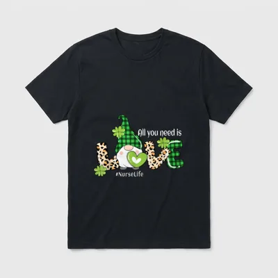 Cute St Day T-Shirt – Gnome holding a green heart within love lettering and nurse hashtag – Classic T-Shirt in Black