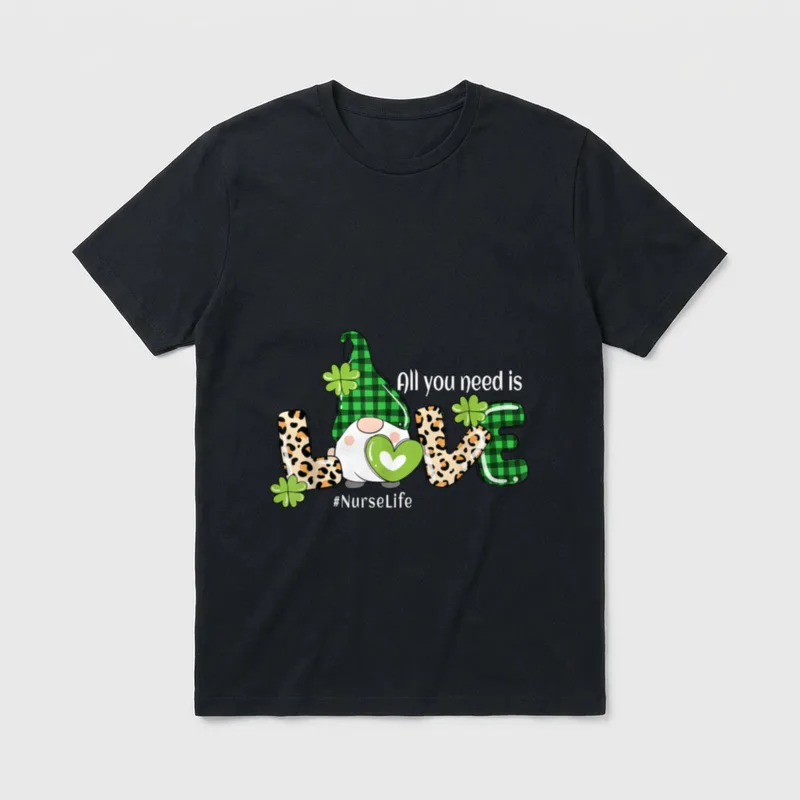 Cute St Day T-Shirt – Gnome holding a green heart within love lettering and nurse hashtag – Classic T-Shirt in Black