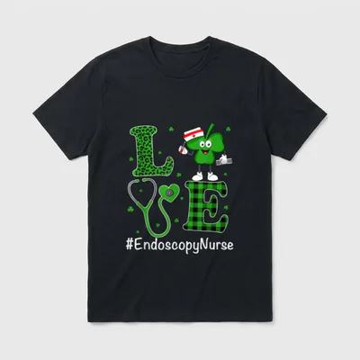 Irish Nurse Endoscopy T-Shirt – Green LOVE lettering with shamrock and endoscopy nurse hashtag – Classic T-Shirt in Black