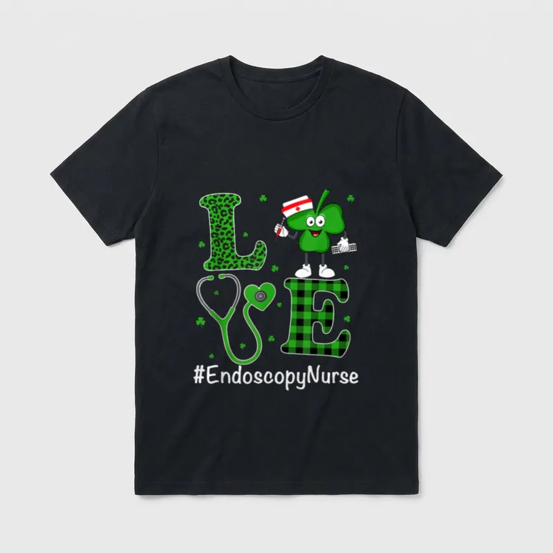 Irish Nurse Endoscopy T-Shirt – Green LOVE lettering with shamrock and endoscopy nurse hashtag – Classic T-Shirt in Black