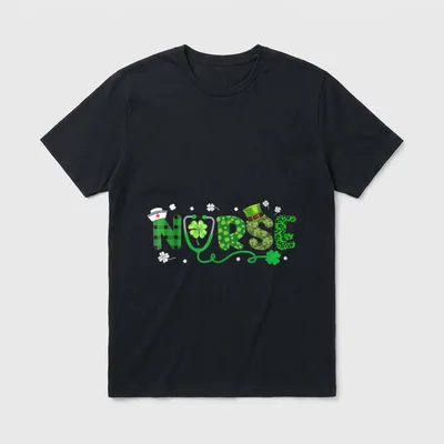 Happy St Day Nurses Irish Nurse T-Shirt – Lettering spelling NURSE with stethoscope and shamrocks – Classic T-Shirt in Black