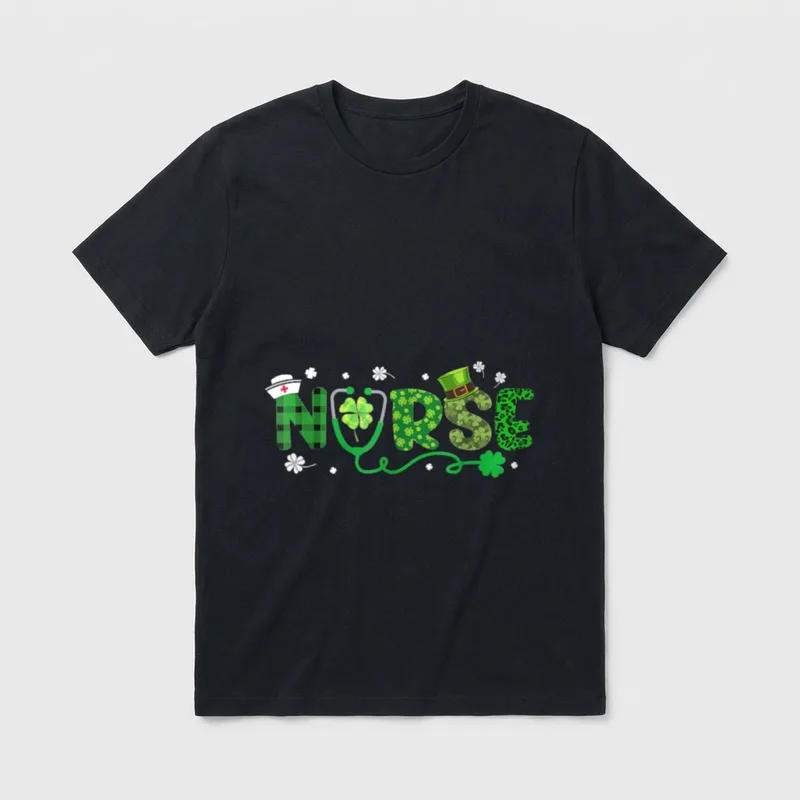 Happy St Day Nurses Irish Nurse T-Shirt – Lettering spelling NURSE with stethoscope and shamrocks – Classic T-Shirt in Black