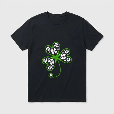Shamrock Stethoscope Irish Nurse St Lucky T-Shirt – Green stethoscope looped into a shamrock shape – Classic T-Shirt in Black