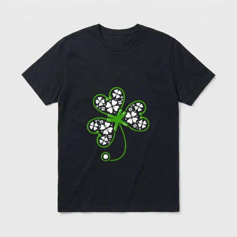 Shamrock Stethoscope Irish Nurse St Lucky T-Shirt – Green stethoscope looped into a shamrock shape – Classic T-Shirt in Black