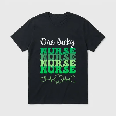 One Lucky Nurse St Day Green T-Shirt – “One lucky” and stacked “NURSE” words with clover pulse – Classic T-Shirt in Black