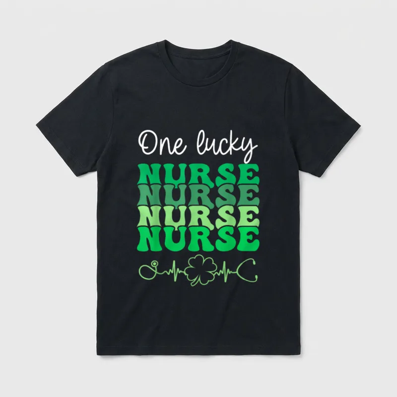 One Lucky Nurse St Day Green T-Shirt – “One lucky” and stacked “NURSE” words with clover pulse – Classic T-Shirt in Black