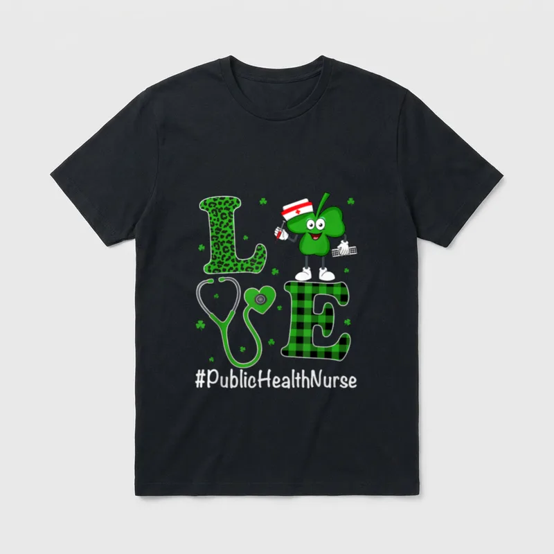 Irish Nurse Public T-Shirt – LOVE with clover nurse, heart stethoscope, and hashtag – Classic T-Shirt in Black