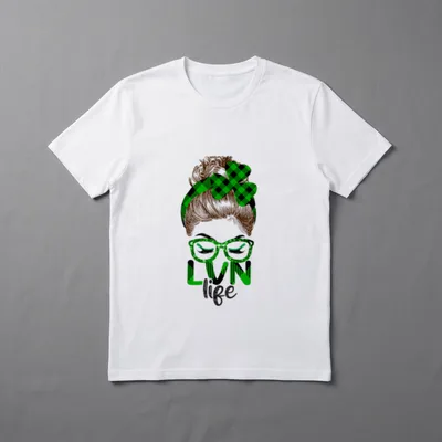Lvn St Day Irish Shamrock Nurse T-Shirt – LVN life with messy bun, shamrock headband, and glasses – Classic T-Shirt in Black