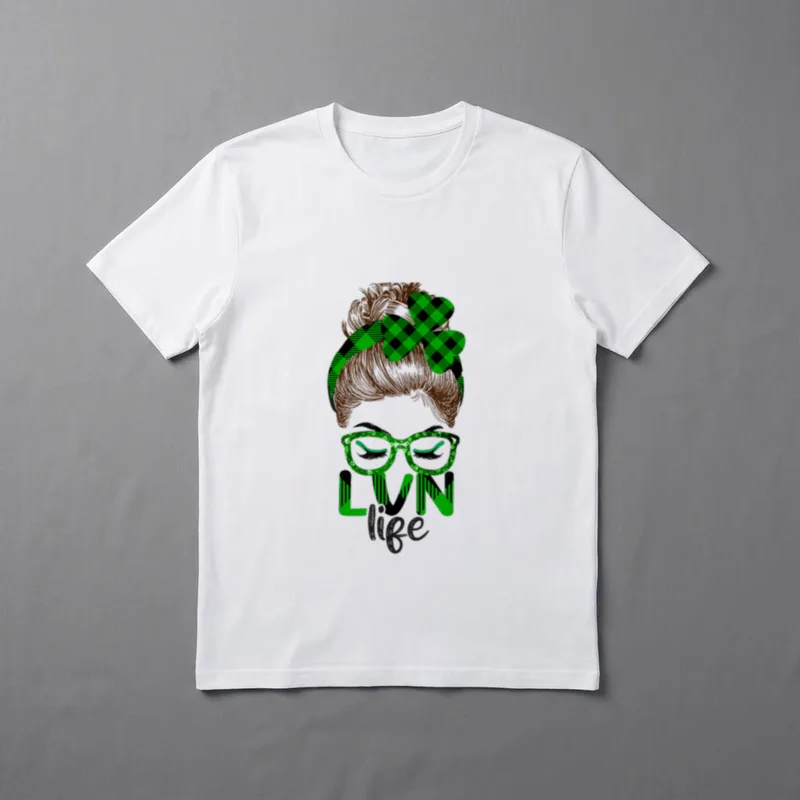 Lvn St Day Irish Shamrock Nurse T-Shirt – LVN life with messy bun, shamrock headband, and glasses – Classic T-Shirt in Black