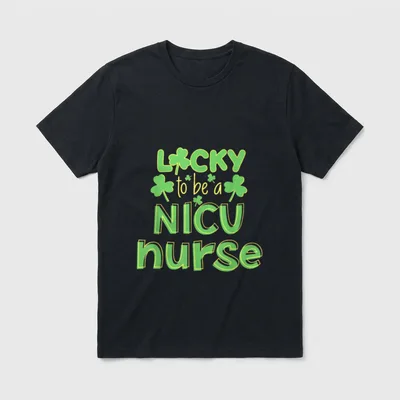 Lucky to Be a NICU Nurse T-Shirt – Green shamrocks and lettering reading Lucky to be a NICU nurse – Classic T-Shirt in Black