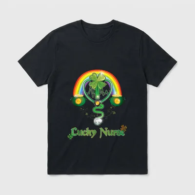 Lucky Nurse Stethoscope T-Shirt – Green stethoscope with rainbow, pots of gold, and shamrock – Classic T-Shirt in Black