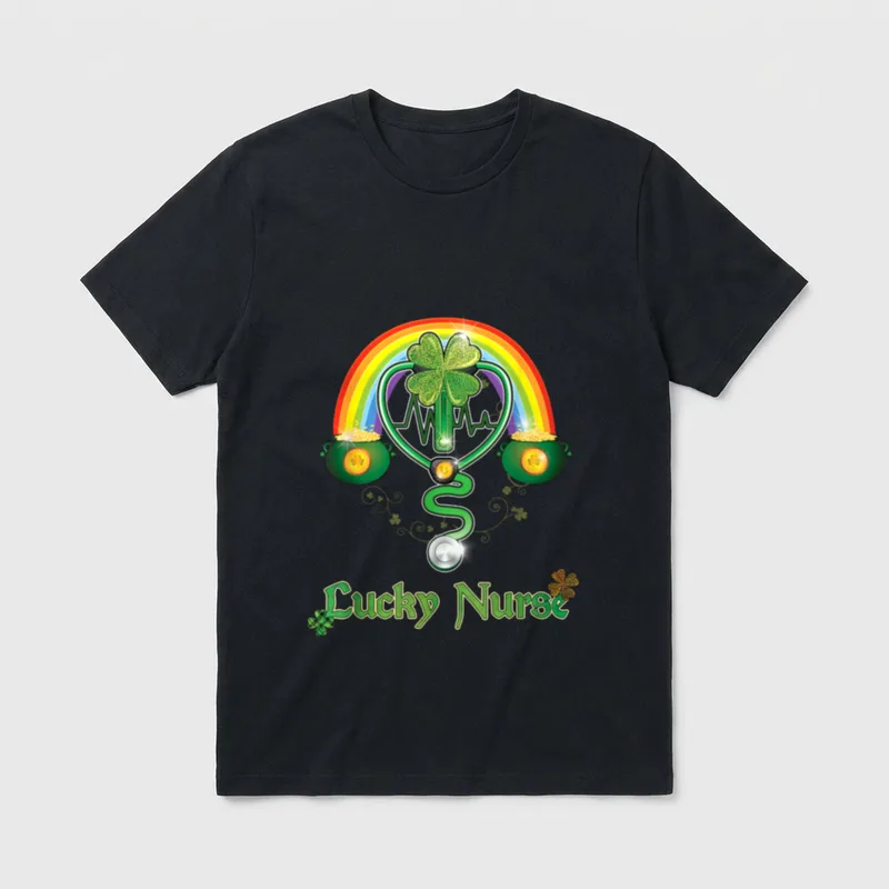Lucky Nurse Stethoscope T-Shirt – Green stethoscope with rainbow, pots of gold, and shamrock – Classic T-Shirt in Black