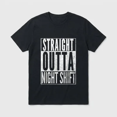 Funny Nurse RN T-Shirt – STRAIGHT OUTTA NIGHT SHIFT in a distressed three-tier frame – Classic T-Shirt in Black